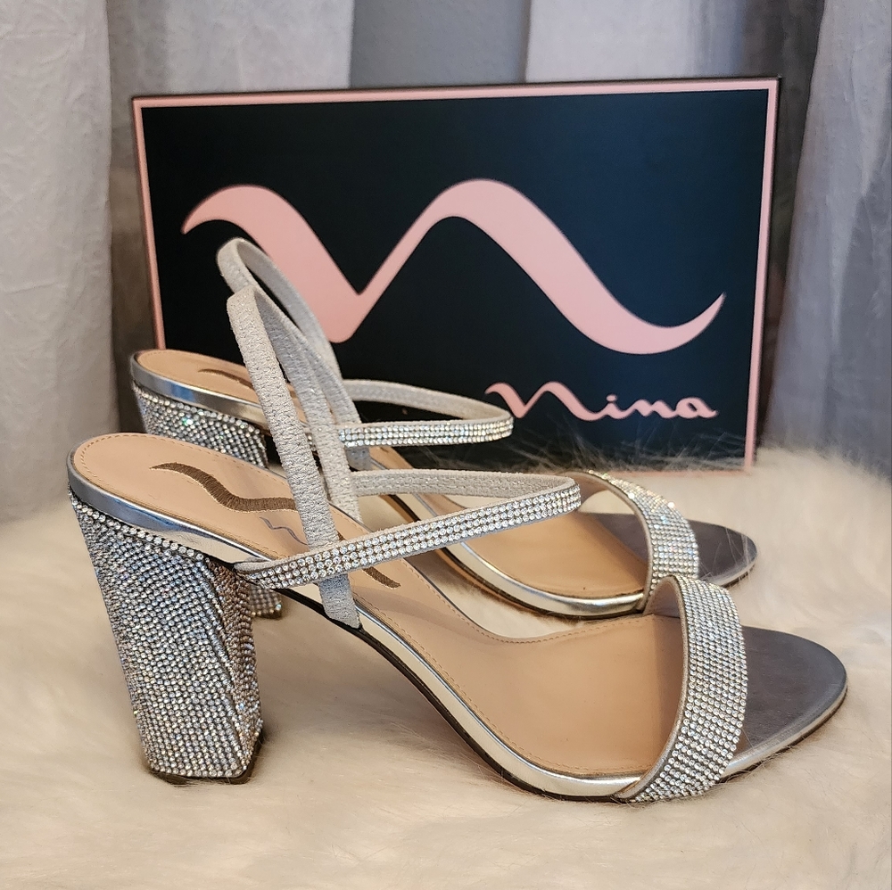 Silver Rhinestone Block Heels size 10